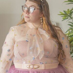 SHEIN Sheer Pastel Pink Sequin Bow Neck Blouse